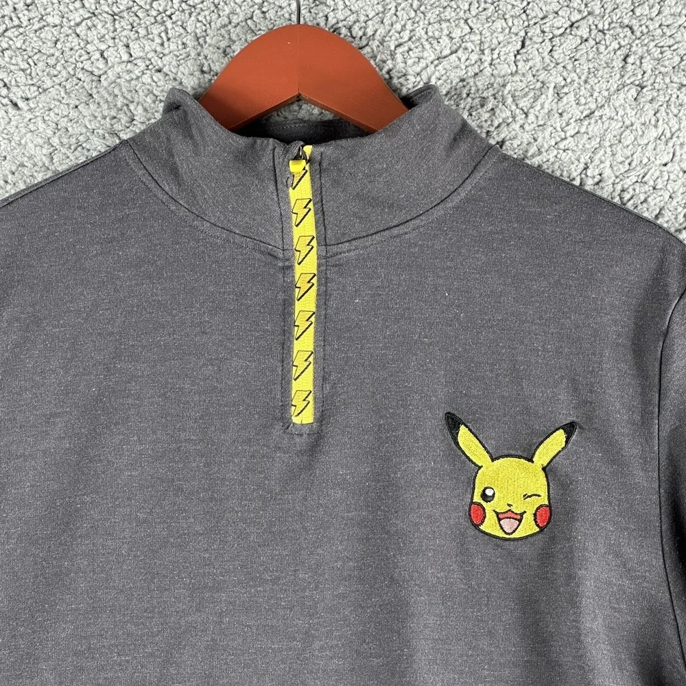 Pokemon Pikachu Sweater Gray Long Sleeve Unisex S Embroidered Logo Bolt Zipper - Picture 2 of 11